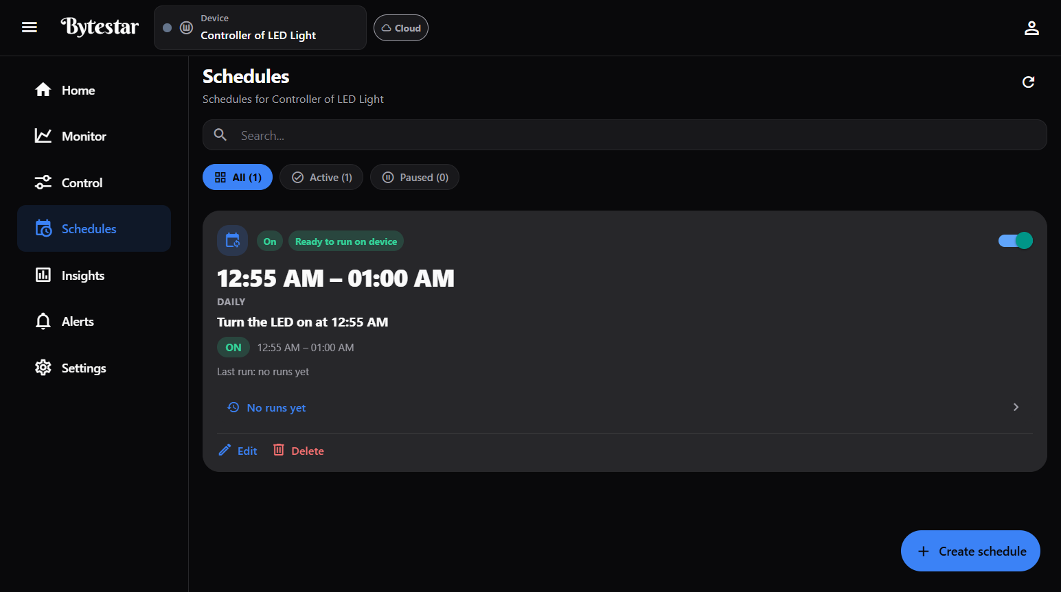 Schedules screen in the ByteStar App